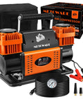 Heavy Duty 12V Portable Air Compressor Featuring A Badass 10.6 CFM Dual Cylinder Pump with gauge and accessories.
