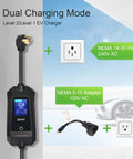 Level 2 Electric Vehicle Charger With 32 Amp Output And 16 Foot Cable Dual Nema Plugs showing dual charging options and plugs.