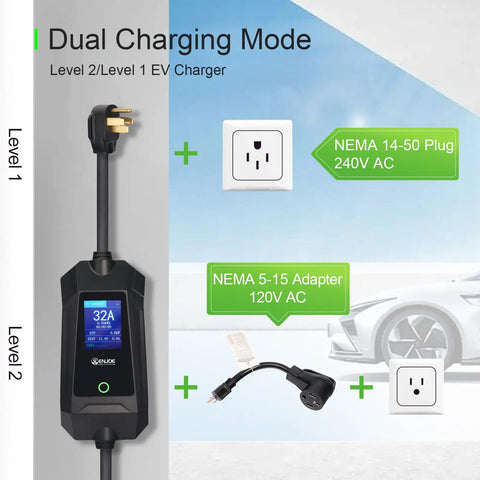 Level 2 Electric Vehicle Charger With 32 Amp Output And 16 Foot Cable Dual Nema Plugs showing dual charging options and plugs.