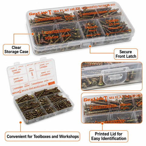 Flat Head Wood Screw Kit M4 250 PC Set in organizer box with seven lengths, secure latch, and clear storage compartments.