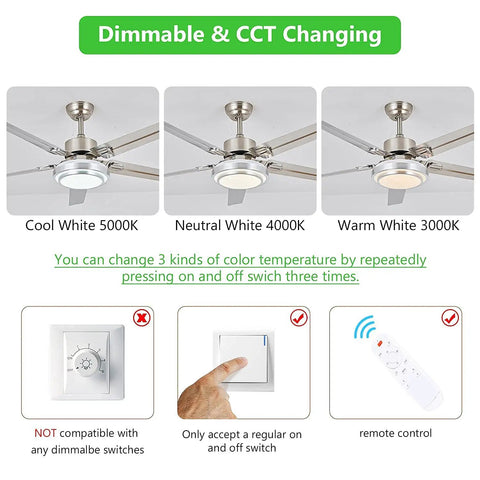 Ceiling Fan With Lights Remote Control And App, three color dimmable light options shown in brushed nickel finish, 52 inch