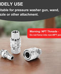 Power Town 1/4 inch stainless steel quick-connect pressure washer fittings set of 3 with NPT male and female ports