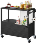 80 Qt Rolling Ice Chest With Tabletop Cooler Cart On Wheels For Patio And Outdoor Kitchen Prep Station Drink Cooler For BBQ Camping Parties Scratch Resistant Spill Proof Tabletop Black showing top view with drinks and snacks.