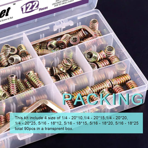 122 Piece Wood Insert Nut Kit Zinc Plated Carbon Steel Hex Socket Threaded Wood Inserts in transparent box