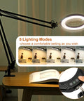 Large 5 Inch Magnifying Glass With Light And Stand For Close Work And Soldering, 12X LED Magnifier on desk with lighting modes