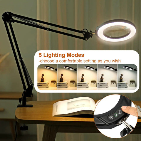 Large 5 Inch Magnifying Glass With Light And Stand For Close Work And Soldering, 12X LED Magnifier on desk with lighting modes