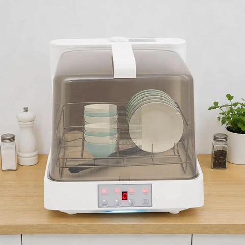 Skip The Sink Scrubbing With This Portable Countertop Dishwasher Boasting Three Cycle Options No Hookup Hassles Four Place Setting Capacity Ideal For Apartments Rvs And Studios Plus Self Clean Air Dry And Gentle Baby Cycles with dishes inside.