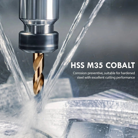 M35 Cobalt Drill Bit in action, cutting through metal, showcasing HSS M35 cobalt bit design with water cooling for heat dissipation.