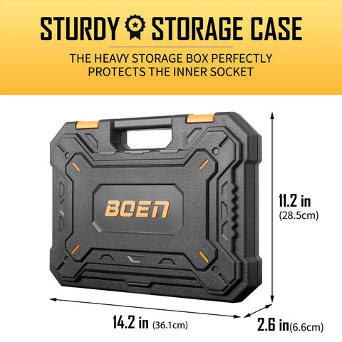Sturdy storage case for 3/8 Inch Drive Impact Socket Set With 59-Piece SAE And Metric Sockets, labeled dimensions shown.