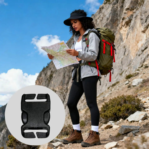 Notched Quick Release Buckle Set 8 Pack No Sew Bag Clips Replacement Plastic Fasteners For Backpacks Straps And Outdoor Gear Repair Durable Easy Access Corrosion Resistant with hiker using map on rocky trail