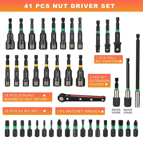 Beast 41-Piece Magnetic Nut Driver Set With Impact Bits, SAE and Metric Cr-V Steel, includes adapters and bit holder displayed.