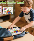 Child packing On The Go Magnetic Tiles For Kids 40Pcs STEM Building Blocks With Visual Storage Guide in a travel backpack