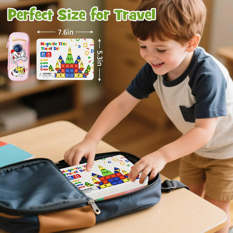 Child packing On The Go Magnetic Tiles For Kids 40Pcs STEM Building Blocks With Visual Storage Guide in a travel backpack