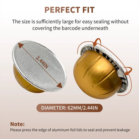 Reusable VertuoLine Capsules Kit, 200 Pack Refillable Aluminum Covers with Foil Seals, close-up of aluminum lid and capsule.