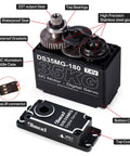 Close-up of Waterproof 35Kg Beefy Torque RC Steering Servo with full metal gears and digital high speed, showing parts and features.