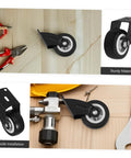 Four Piece Heavy Duty Sliding Door Roller Wheels And Rock Solid Side Mount Casters For Barn Doors Cabinets And Furniture Featuring An Adjustable Trolley Pulley Kit That Rolls Like Butter While Keeping Things Square And Secure, showing close-up of black roller wheels.