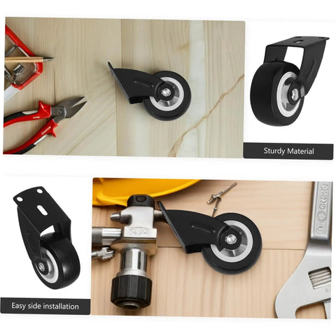 Four Piece Heavy Duty Sliding Door Roller Wheels And Rock Solid Side Mount Casters For Barn Doors Cabinets And Furniture Featuring An Adjustable Trolley Pulley Kit That Rolls Like Butter While Keeping Things Square And Secure, showing close-up of black roller wheels.