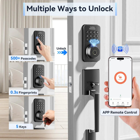 No Sweat Smart Fingerprint Door Lock With Lightning Fast Zero Lag App Unlock And Smooth Turn Handle Set In Glossy Black For Rock Solid Front Door Security