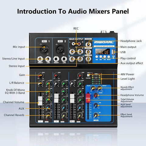 4 Channel USB Audio Interface Mixer With Built In Bluetooth MP3 Player And 48V Phantom Power For Karaoke DJ Gigs Stage Live Streaming setup