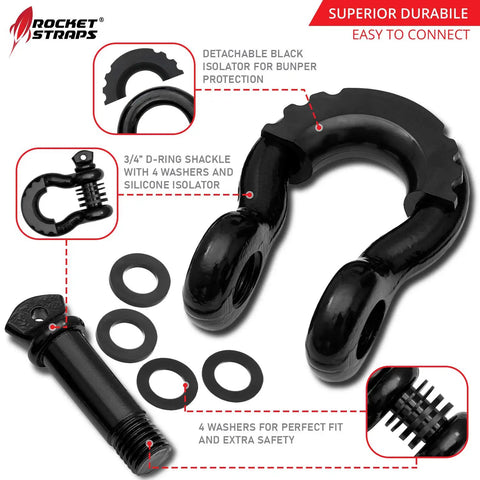Built Tough 3/4 Inch D Ring Shackle Set 2 Pack Bow Shackles With 41,850 Lb Break Strength with washers and isolator