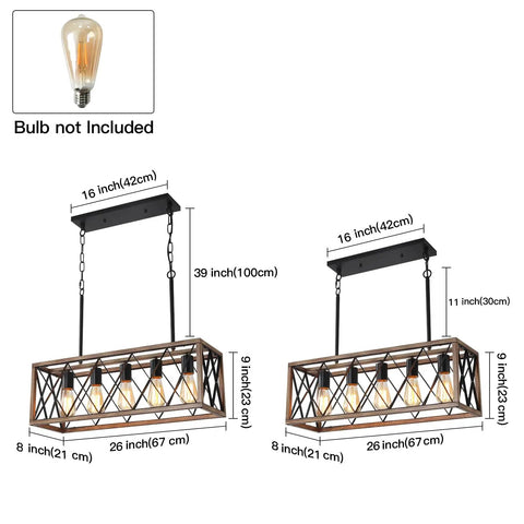 Farmhouse Rustic 5 Light Pendant Chandelier with Adjustable Height Chains, wood grain finish, bulb not included, size details shown.