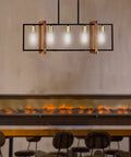 Farmhouse Rustic Five Light Gold Chandelier For Kitchen Island And Dining Room, Hand Painted Natural Rubber Wood Lantern Cage Frame