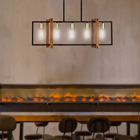 Farmhouse Rustic Five Light Gold Chandelier For Kitchen Island And Dining Room, Hand Painted Natural Rubber Wood Lantern Cage Frame