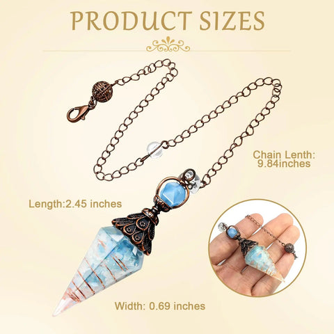 Crystal Copper Pendulum For Divination And Energy Balancing With Real Aquamarine Chip Crystals, Dowsing Tool With Sturdy Chain