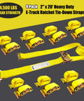Badass Heavy Duty 8 Pack E Track Ratchet Straps 2 Inch By 20 Foot Cargo Tie Downs Rated For 1500 Pounds Working Load And 4500 Pounds Breaking Strength On Vans Trucks And Trailers with yellow straps and ratchets.