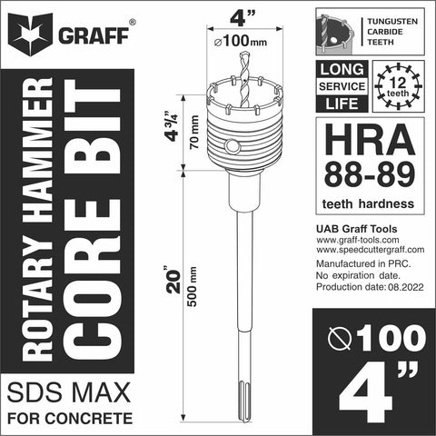 Diagram and specifications of 4 Inch SDS Max Rotary Hammer Core Bit for concrete and masonry, 20-inch length, 12 teeth design