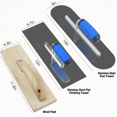 Pro Grade Concrete Trowel Set With Wood Float And 10 Piece Masonry Tool Kit including flat finishing trowel and pool trowel.