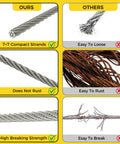 Comparison of 1/8 Inch Stainless Steel Wire Rope Kit 120 Ft With Turnbuckles Thimbles Sleeves Crimping Loops emphasizing durability