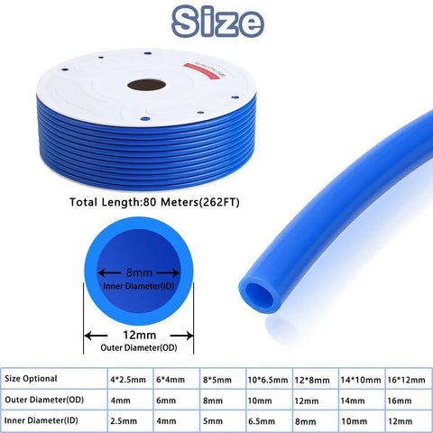 Blue PU Air Hose For Air Compressors 12mm OD and 8mm ID 262 Feet 80 Meters Long Flexible Pneumatic Tubing coil display