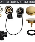35 Inch Rock Solid Cable Driven Bath Waste parts including polished brass pop up stopper, strainer, and drain assembly.