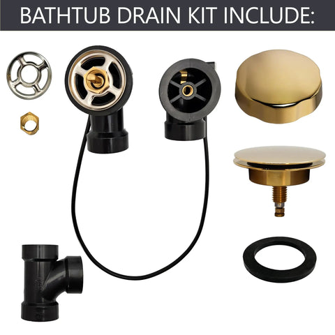 35 Inch Rock Solid Cable Driven Bath Waste parts including polished brass pop up stopper, strainer, and drain assembly.