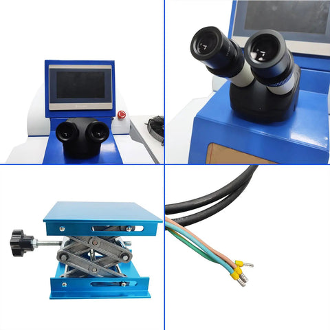 Jewelry Spot Welder 220V 200W Welding Machine with PC screen and microscope, lift platform, and cables, 2400W chiller visible