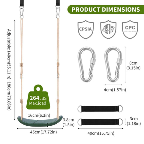 Weatherproof Kids Swing Seat With 264 Lb Capacity, Built To Last Heavy Duty Tree Swing, Ergonomic Design, includes dimensions, straps, and carabiners.