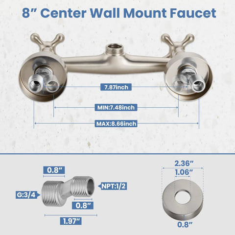 Wall Mount Kitchen Faucet With Sprayer And 360 Degree Swivel Spout Double Cross Handles Commercial Grade 8 Inch Center