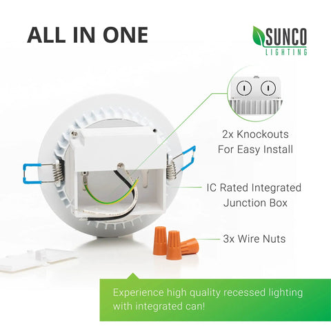 12 Pack Ultra Thin 4 Inch LED Recessed Downlights With Integrated Junction Box, Damp Rated, Dimmable Canless Slim Ceiling Lights, 6000K Daylight, 10W, ETL Listed Ceiling Lighting For Insulation Safe And Modern Homes displayed with wiring accessories.