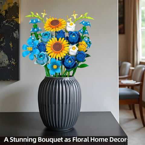 Van Gogh Starry Night And Sunflowers Inspired Bouquet Building Set Lego Compatible Flowers For Adults Women Vibrant Blue Yellow White Blooms To Brighten Desk Or Home Decor Perfect Gift For Christmas Mothers Day Or Just Because. 832-piece ABS bouquet in black vase