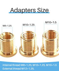 Dope Brass Shift Knob Adapters M8x1.25 M10x1.25 M10x1.5 Gold Finish close-up of three sizes with internal and external threads
