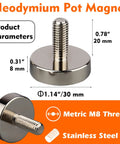Beefy Neodymium Pot Magnets 2 Pack Heavy Duty Anti Broken Rare Earth With M8 Threaded Mounting Magnets Up To 100 Lbs dimensions