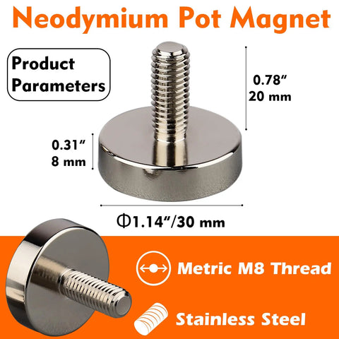 Beefy Neodymium Pot Magnets 2 Pack Heavy Duty Anti Broken Rare Earth With M8 Threaded Mounting Magnets Up To 100 Lbs dimensions