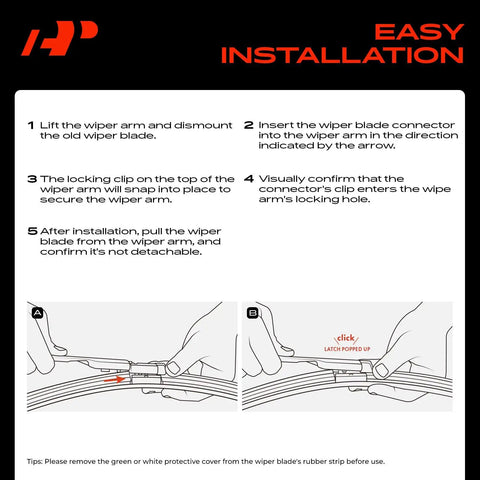 Top Tier 24 And 19 Inch Windshield Wiper Blades With Embedded Wear Indicator Plus Bonus Cleaning Towel Game Changing Grip installation guide showing steps for proper attachment.