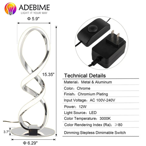 LED Spiral Bedside Lamp With Stepless Dimming 12W 3000K Warm White Modern Nightstand Desk Light, double spiral design, chrome finish.