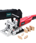 8.5 Amp Biscuit Cutter Plate Joiner Kit with No 0 No 10 No 20 biscuits and case, angled side view with dust bag