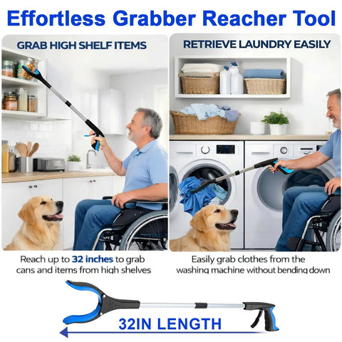 2 Pack 32 Inch Grabber Reacher Tool for Seniors Foldable Pickup Grabber With Magnet and Wide Claw, Heavy Duty Upper Body Helper, Great for Post Surgery Recovery and Safe Trash and Item Pickup