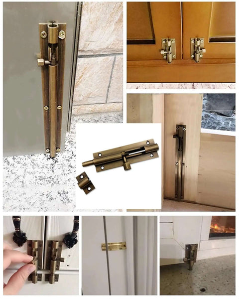 Collage of Vintage Bronze Barrel Bolt Latch For Barn Doors Heavy Duty Sliding Door Lock 1.5 Inch To 10 Inch Sizes Copper Construction in use