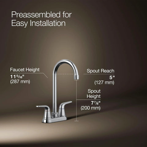 Dimensions of Jolt 2-Handle Bar Faucet Polished Chrome Deck Mounted Widespread 3-Hole Kitchen Sink Faucet displayed on dark background.