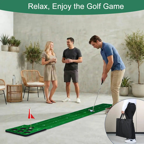 Indoor Golf Putting Mat With Premium Velvet Surface And Anti Slip Base For Stable, Realistic Rolls setup in a living room